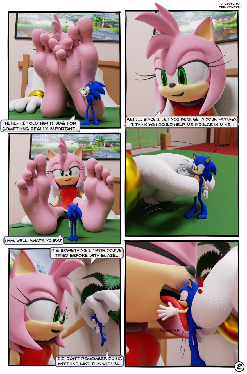 4_toes absurd_res amy_rose anthro barefoot comic comic_page dialogue duo english_text feet feetymcfoot female foot_fetish foot_focus foot_play foot_rub giantess hi_res humanoid_feet licking male male/female micro page_2 page_number plantigrade sega soles sonic_(series) sonic_the_hedgehog sonic_the_hedgehog_(series) speech_bubble text toes tongue tongue_out