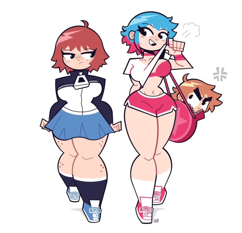 1boy 2girls black_eyes blue_hair blush bra bracelet breasts brown_hair freckles goodbyellow jacket kim_pine looking_at_another pac-man_eyes purse ramona_flowers red_hair scott_pilgrim scott_w_pilgrim shirt shirt_lift short_hair shorts skirt sneakers socks tagme thick_thighs wide_hips