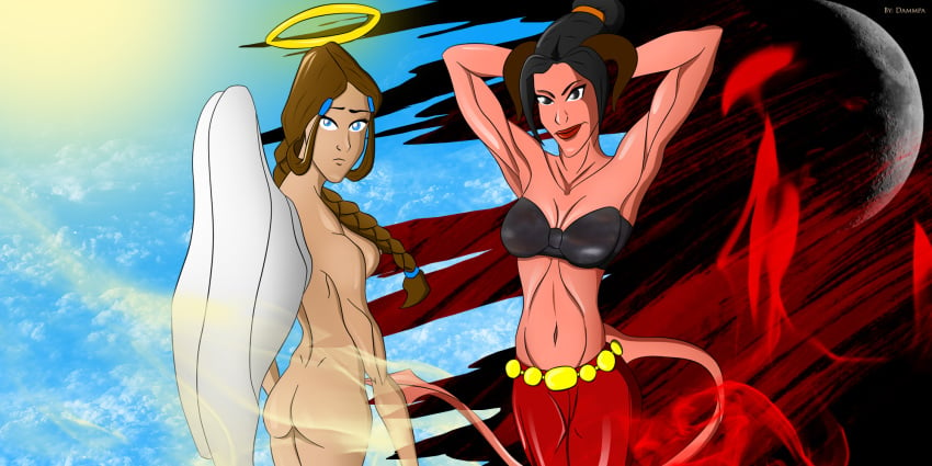 angel avatar_the_last_airbender azula bra christianity clothing dammpa dark-skinned_female dark_skin devil female female_only human interracial judaism katara medium_breasts multiple_females multiple_girls religion straight_hair tagme