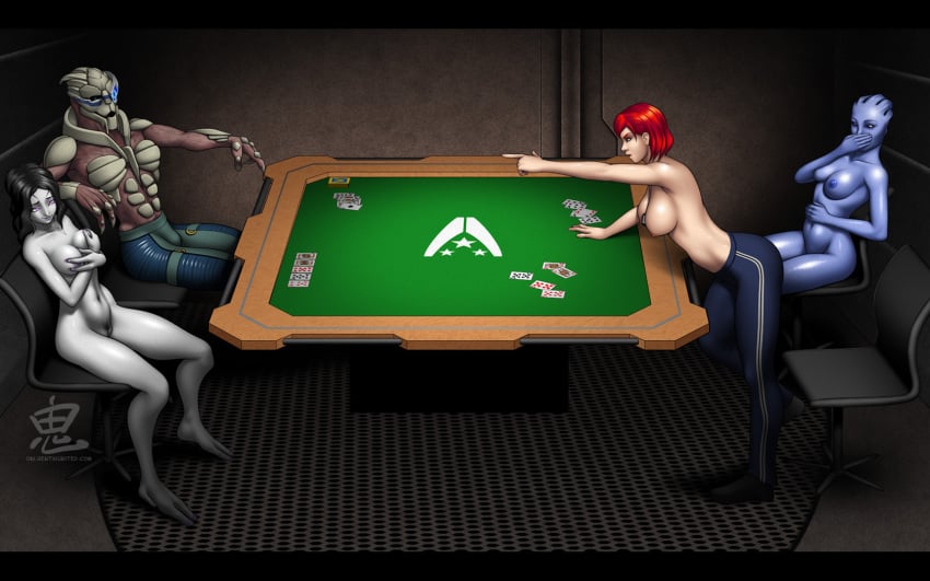 1boy 3girls areolae asari black_hair blue_nipples blue_skin breasts commander_shepard female femshep garrus_vakarian grey_skin liara_t'soni male mass_effect nipples nude oni_(artist) playing_card pubic_hair pussy quarian red_hair strip_poker tali'zorah_nar_rayya topless turian