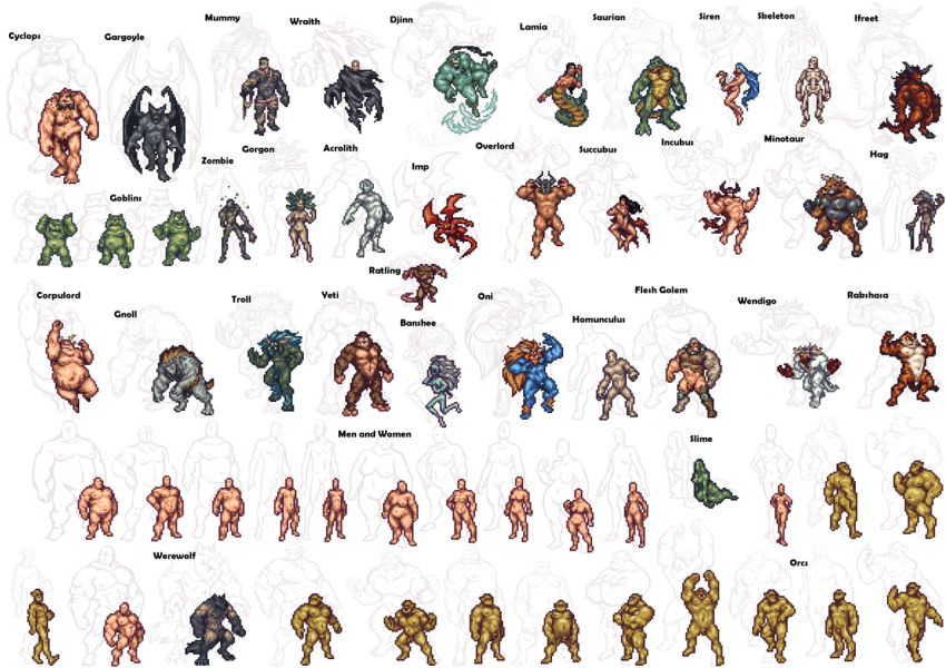 abs balls banshee breasts captaingerbear curvy cyclops demon demon_girl djinn fat female flaccid gargoyle gnoll goblin goblin_male golem goo_girl gorgon hairy hog horns human imp incubus lamia male minotaur model_sheet monster monster_girl mound_of_venus multiple_boys multiple_girls mummy muscular muscular_male naga nude one_eye oni orc penis pixel_art pose pubic_hair rakshasa saurian siren skeleton slime snakes sprite_sheet succubus thick_thighs troll werewolf white_background wide_hips wings wrath yeti