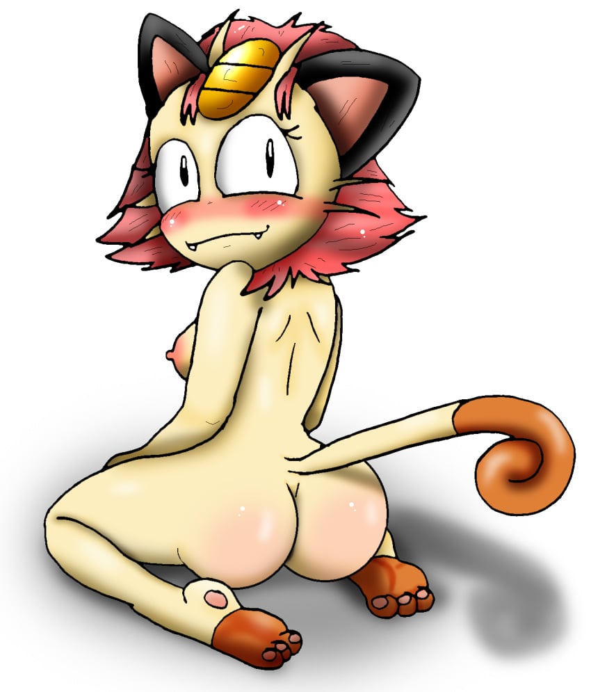 anthro ass back_view bigbootyinc breasts color exposed_breasts female female_only fur furry furry_ass furry_breasts furry_tail kneeling meowth pokemon solo tail