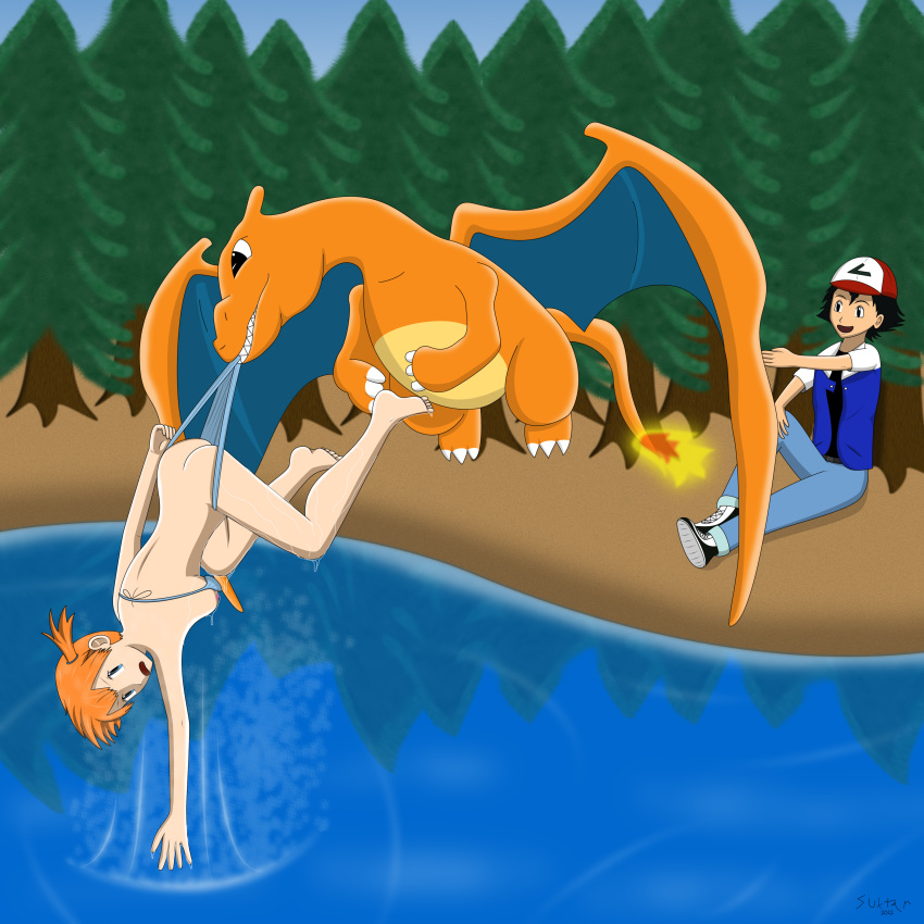 ash_ketchum ass bikini blue_eyes charizard female human kasumi_(pokemon) male misty_(pokemon) nintendo orange_hair pokemon pokemon_(species) pokephilia satoshi_(pokemon) suktar swimsuit