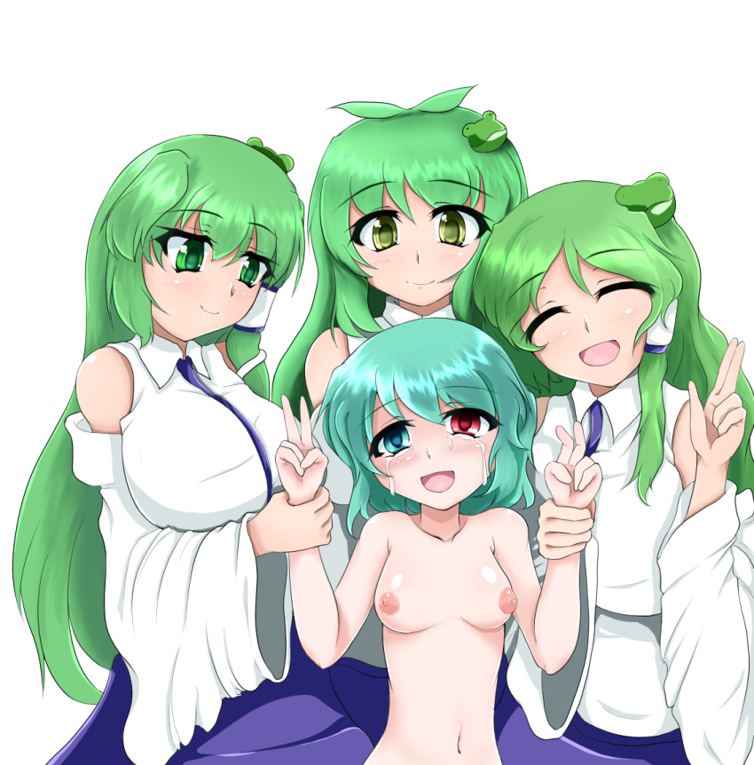 4girls bad_id bad_pixiv_id bare_shoulders belly_button big_breasts breast_size_difference breasts busty closed_eyes clothed_female crying crying_with_eyes_open cyan_hair double_peace_sign double_v eyebrows_visible_through_hair female female_only frog_hair_ornament grabbing_wrist grabbing_wrists green_eyes green_hair height_difference heterochromia holding_wrist holding_wrists hydrant_(kasozama) kogasa_tatara long_hair mouth_open multiple_girls nipples nude_female only_one_naked open_mouth peace_sign sanae_kochiya short_hair shorter_female simple_background small_breasts smile solid_color_background taller_female tearing_up tears touhou v white_background wrist_grab yuri