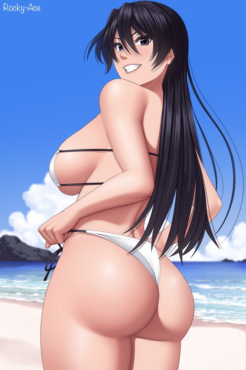 1girls adapted_costume adjusting_swimsuit ass ass_focus athletic athletic_female bambietta_basterbine beach big_ass big_breasts bikini_pull black_hair bleach bleach:_the_thousand-year_blood_war blue_eyes blush breasts cap curvaceous curvy curvy_body curvy_female curvy_figure female female_only from_behind grin highres huge_ass huge_breasts large_breasts light-skinned_female light_skin looking_at_viewer micro_bikini midriff naughty naughty_face naughty_smile ocean pinup pose posing posing_for_the_viewer pulled_by_self quincy_(bleach) revealing_swimsuit rocky-ace sand seaside side-tie_bikini side-tie_bikini_bottom skimpy skimpy_bikini smile solo solo_focus sternritter strapless strapless_bra swimsuit teasing thighs toned toned_female very_long_hair voluptuous water watermark white_bikini wide_hips