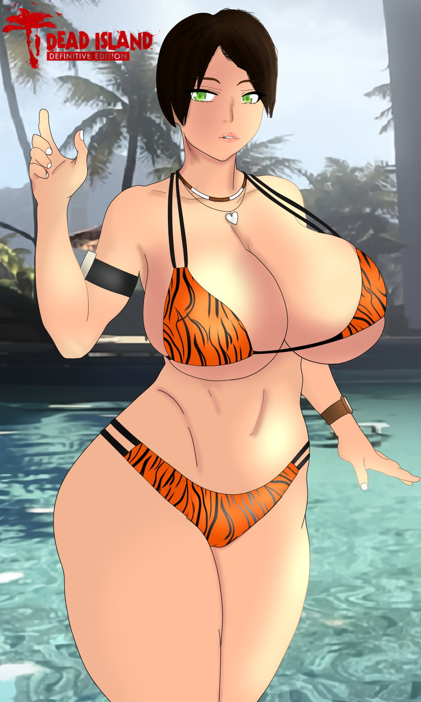 accessory bikini bikini_bottom bikini_top bra breasts brown_hair dead_island green_eyes heart_necklace huge_breasts necklace npc panties short_hair stormhazard thick_thighs thighs zebra_print