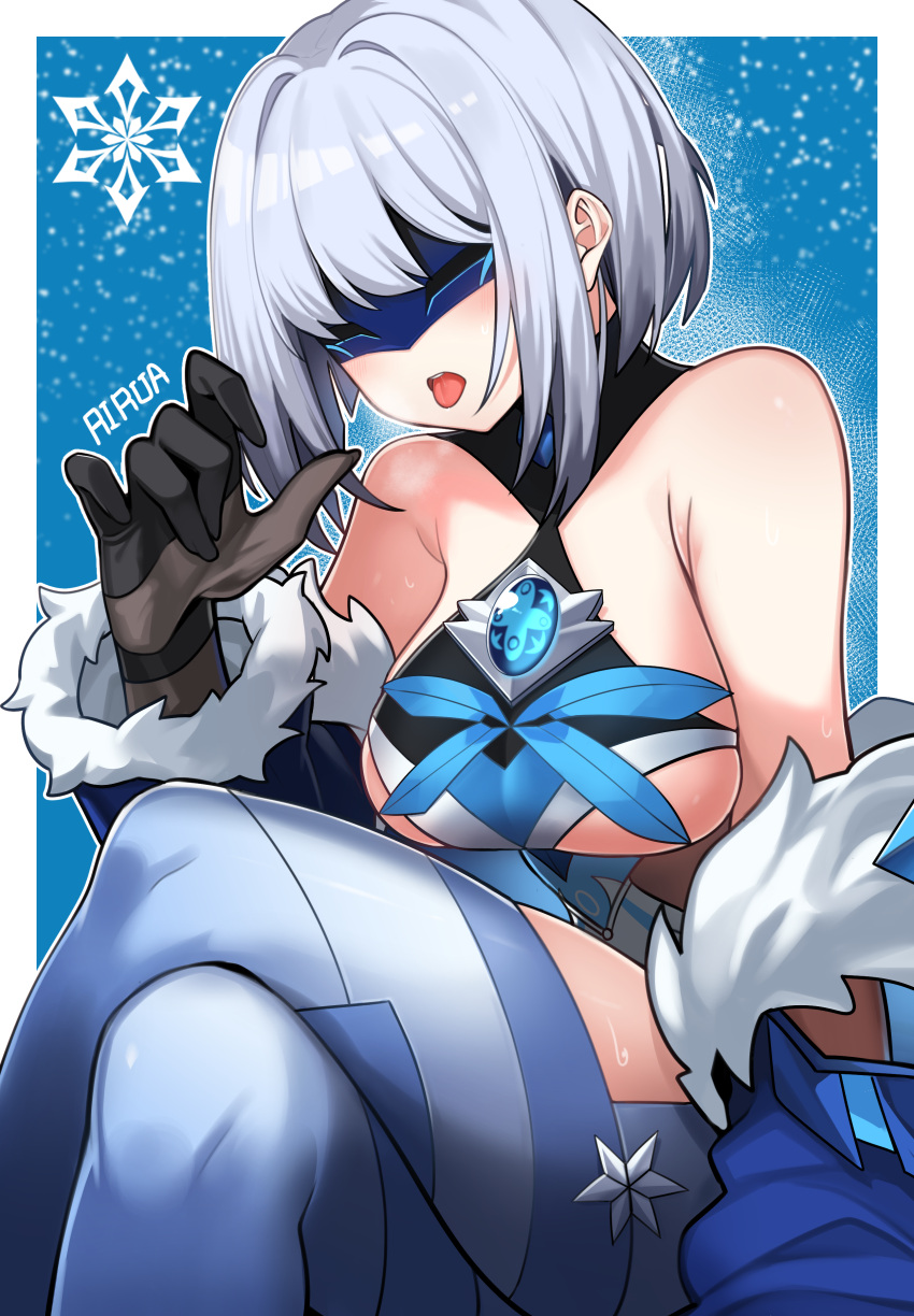 1girls barely_clothed big_breasts blush clothing cryo_cicin_mage_(genshin_impact) fatui genshin_impact gloves handjob_gesture legs_together mask open_mouth revealing_clothes sagging_breasts short_hair sitting solo_female steam sweat thick_thighs white_hair