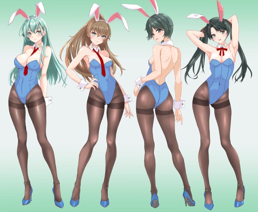 4girls animal_ears aqua_eyes aqua_hair ass back bare_shoulders black_hair blue_eyes blue_leotard blush bow bowtie breasts brown_hair brown_pantyhose bunnysuit cleavage covered_navel detached_collar fake_animal_ears female_only full_body gradient_background green_background hair_ornament hair_ribbon hairclip highres kantai_collection kumano_(kantai_collection) large_breasts leotard long_hair looking_at_viewer medium_breasts mikuma_(kantai_collection) mogami_(kantai_collection) multiple_girls nitamako_(sakamalh) pantyhose playboy_bunny rabbit_ears rabbit_tail ribbon short_hair small_breasts smile strapless strapless_leotard suzuya_(kantai_collection) tail traditional_bowtie twintails wrist_cuffs