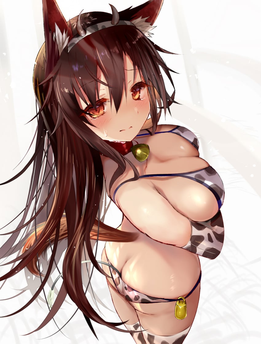 1girls anal anal_object_insertion anal_tail animal_ear_fluff animal_ears animal_print arms_under_breasts ass_cleavage bell bikini blush breasts brown_eyes brown_hair butt_crack butt_plug choker cleavage closed_mouth collarbone commentary_request cow_horns cow_print cow_print_bikini crying efe elbow_gloves fake_tail female from_above gloves grey_background hair_between_eyes hairband highres horns imaizumi_kagerou kagerou_imaizumi large_breasts long_hair looking_at_viewer looking_back object_insertion print_bikini red_choker simple_background solo standing swimsuit tagme tail thighhighs touhou very_long_hair wavy_mouth wolf_ears wolf_tail