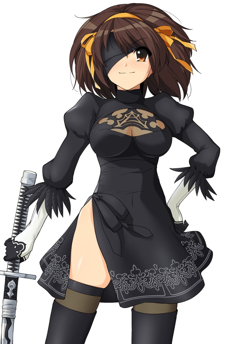 absurdres black_dress black_thighhighs boots breasts brown_eyes brown_hair closed_mouth cosplay dress feather_trim female gloves hair_ornament hairband hand_on_own_hip haruhisky highres holding katana long_sleeves looking_at_viewer medium_breasts nier:_automata nier_(series) puffy_sleeves short_hair side_slit simple_background smile solo standing suzumiya_haruhi suzumiya_haruhi_no_yuuutsu sword thigh_boots thighhighs weapon yorha_2b yorha_2b_(cosplay)