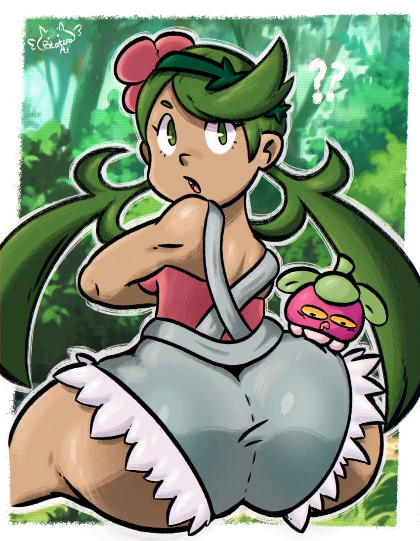 1girls big_ass big_butt bounsweet brown_hair clothed clothing dark-skinned_female dark_skin dat_ass female female_only green_hair human looking_at_viewer looking_back mallow_(pokemon) patatero69 pokemon pokemon_(species) pokemon_sm solo