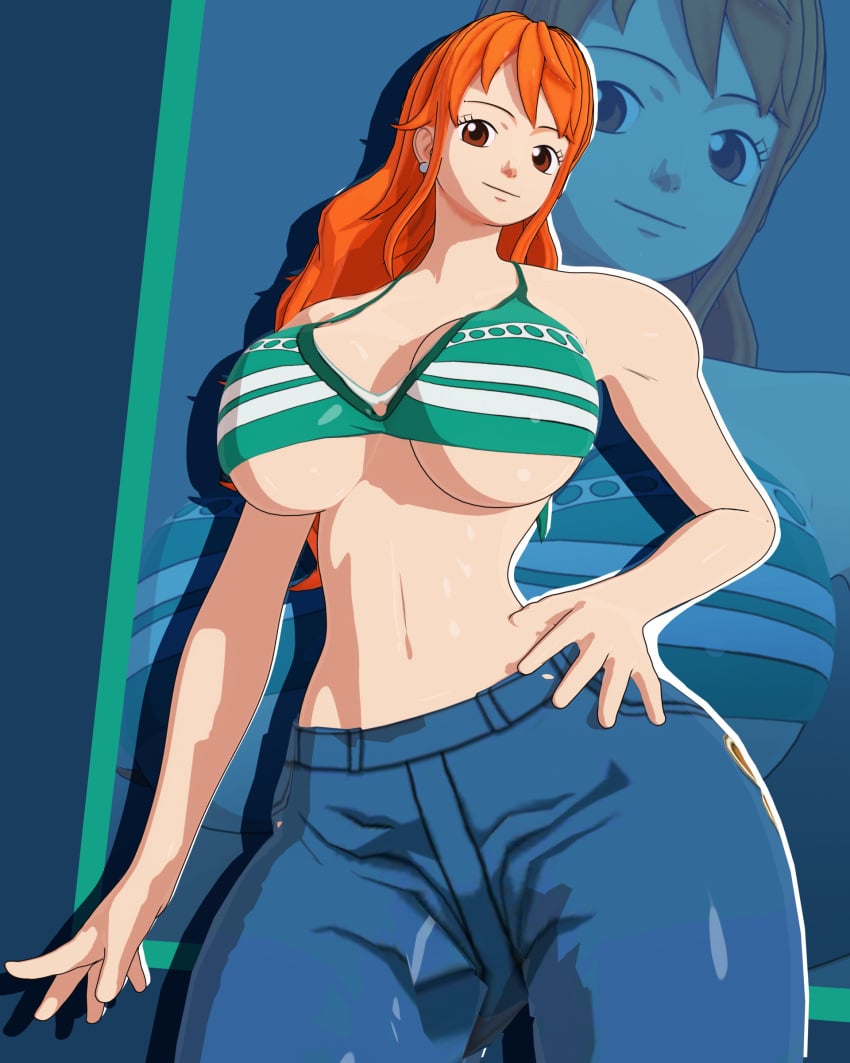 1girls 3d 3d_(artwork) anime big_breasts bikini bikini_top blue_jeans blue_pants breasts brown_eyes earrings female female_focus female_only ginger ginger_hair jeans light_brown_eyes long_hair manga nami nami_(one_piece) one_piece orange_hair post-timeskip sala3d solo solo_female solo_focus