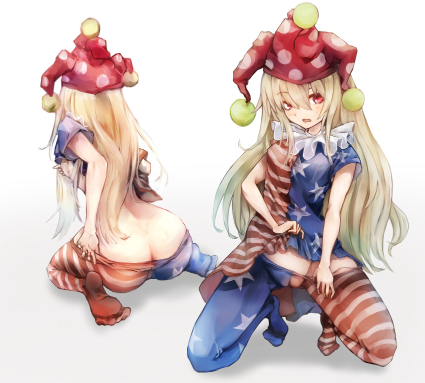 1girl 1girls absurdres american_flag_dress american_flag_legwear ass ass_cleavage blonde_hair blush breasts butt_crack clothes_lift clothes_pull clownpiece dress dress_lift from_behind hat highres jester_cap long_hair looking_at_viewer medium_breasts multiple_views open_mouth pantyhose pantyhose_pull polka_dot_headwear pom_pom_(clothes) print_dress print_legwear red_eyes red_headwear safutsuguon short_sleeves star_(symbol) star_print striped_clothes striped_dress striped_pantyhose sweat tagme touhou white_background