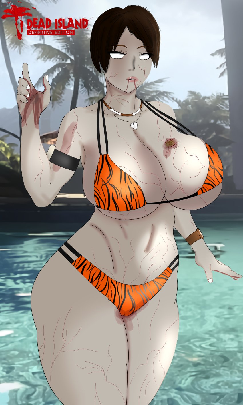 accessory bikini bikini_bottom bikini_top bite bite_mark_on_breast bite_marks blank_eyes blood bra breasts brown_hair dead_island heart_necklace huge_breasts infected lips monster_girl necklace panties short_hair stormhazard thick_thighs thighs veins white_eyes zebra_print zombie zombie_girl zombification