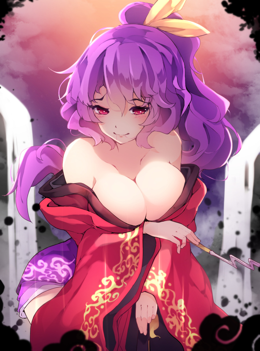 1girl 1girls arm_under_breasts bare_shoulders breasts chiroru_(cheese-roll) cleavage cowboy_shot folding_fan hair_in_own_mouth hair_ribbon hand_fan highres holding holding_fan holding_smoking_pipe japanese_clothes kimono kiseru komakusa_sannyo large_breasts long_hair long_sleeves looking_at_viewer off_shoulder outdoors ponytail purple_hair purple_skirt red_eyes red_kimono ribbon skirt smoking_pipe solo tagme touhou water waterfall wide_sleeves yellow_ribbon