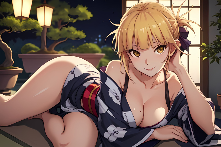 ai_generated big_breasts blonde_hair bonsai curvy curvy_body curvy_figure himiko_toga japanese photo smile toga_himiko