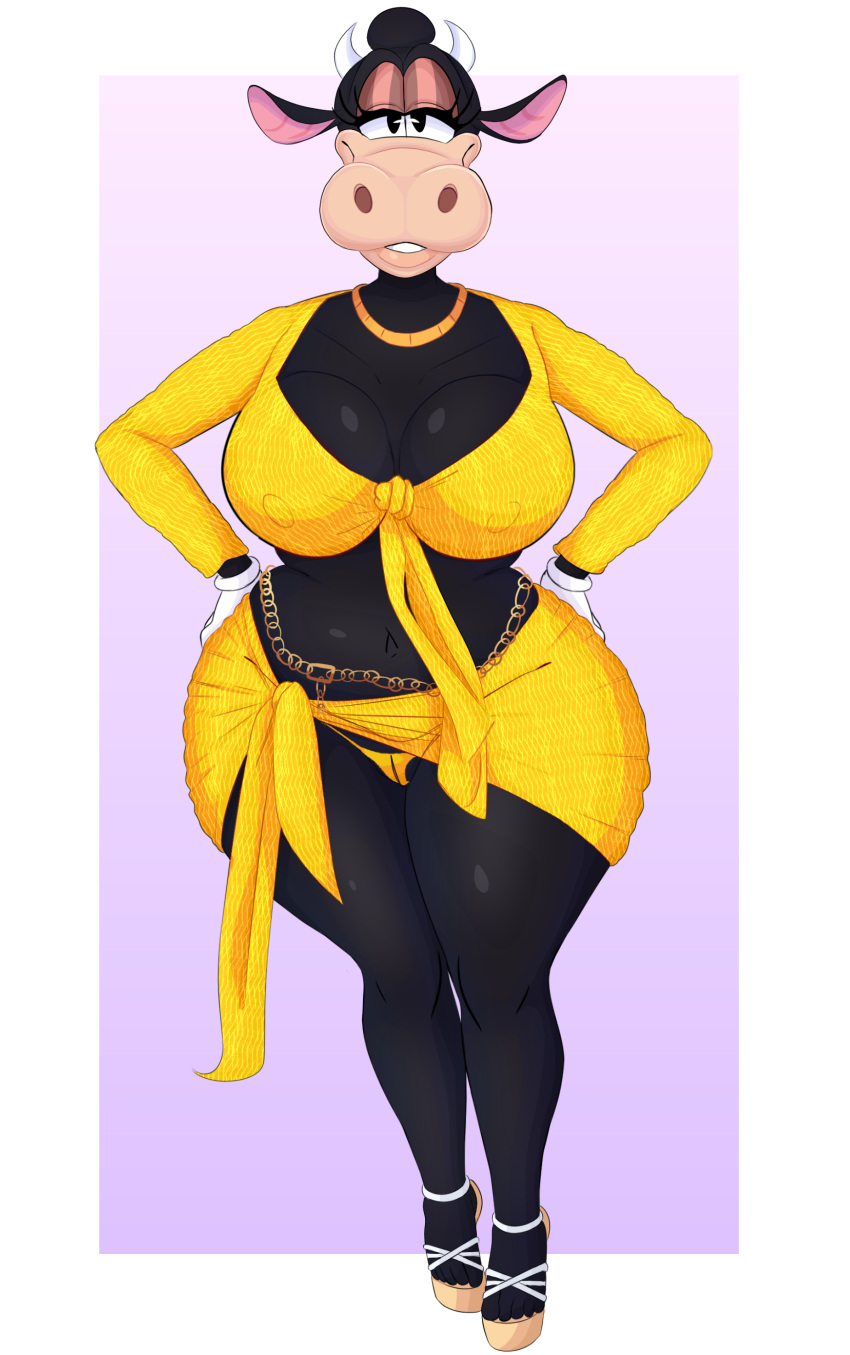 absurd_res anthro anthro_only bedroom_eyes big_breasts boolishclara bovid bovine breasts cattle clarabelle_cow clothing disney female footwear hi_res high_heels jewelry mammal narrowed_eyes pinup pose seductive smile solo thick_thighs