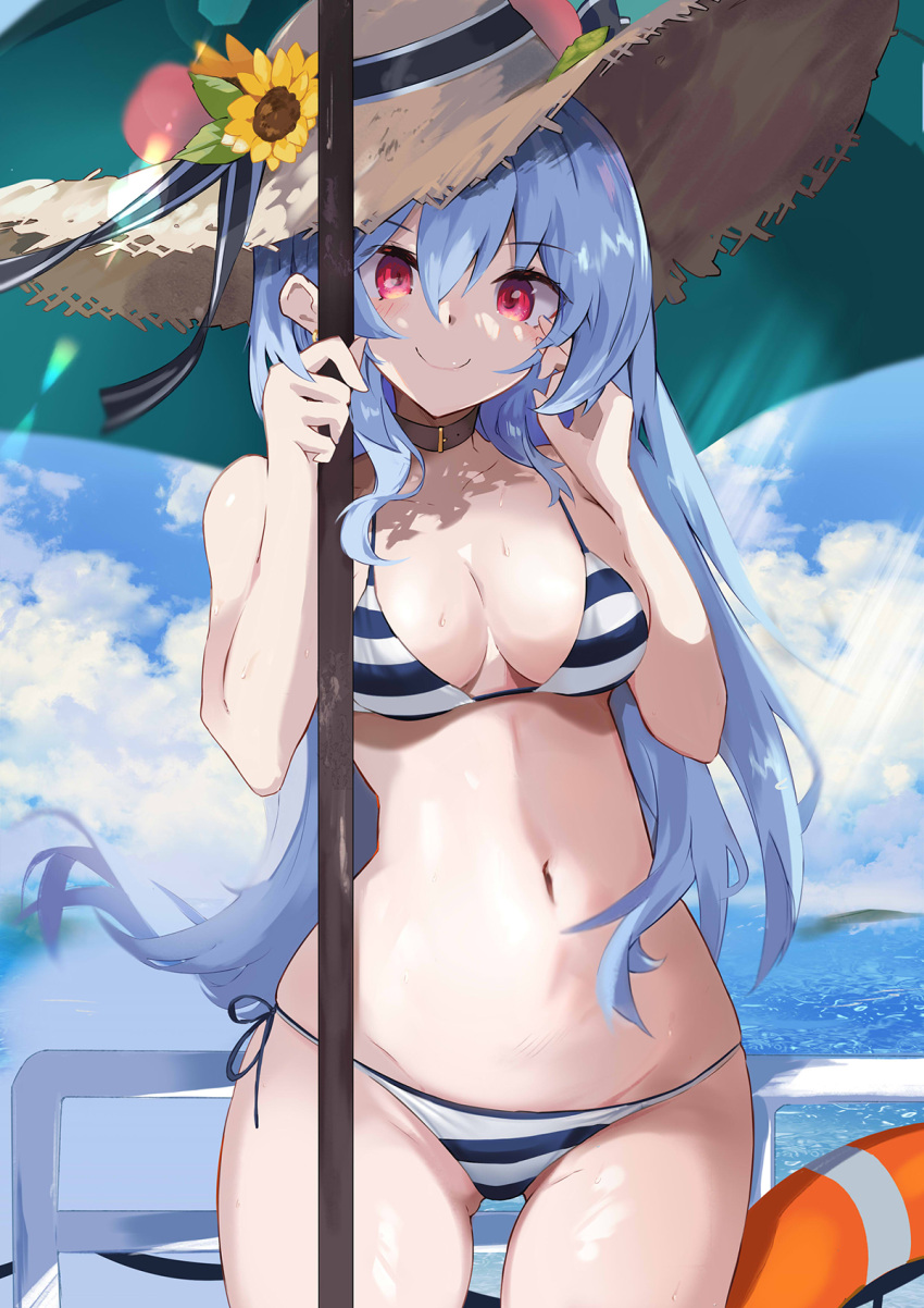 1girls bikini black_bikini blue_hair breasts brown_headwear buoy cleavage closed_mouth collar cowboy_shot female flower green_umbrella groin hand_in_own_hair hat hat_flower highres hinanawi_tenshi holding holding_umbrella horizon lifebuoy long_hair looking_at_viewer medium_breasts navel ocean red_eyes smile solo standing straw_hat striped_bikini striped_clothes swim_ring swimsuit tenshi_hinanawi tetsurou_(fe+) touhou umbrella white_bikini