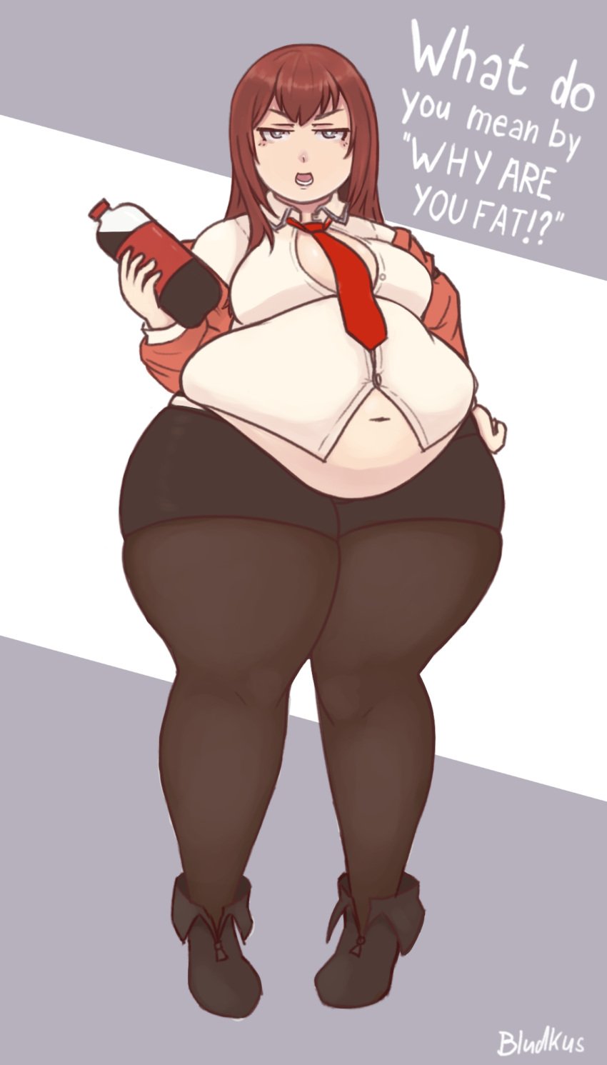 bbw belly_overhang big_belly big_female bludkus blush chubby chubby_female embarrassed fat fat_female fat_fetish fat_girl fat_woman fatty huge_belly large_female makise_kurisu obese obese_female overweight overweight_female plump pork_chop steins;gate thick_thighs tubby weight_gain