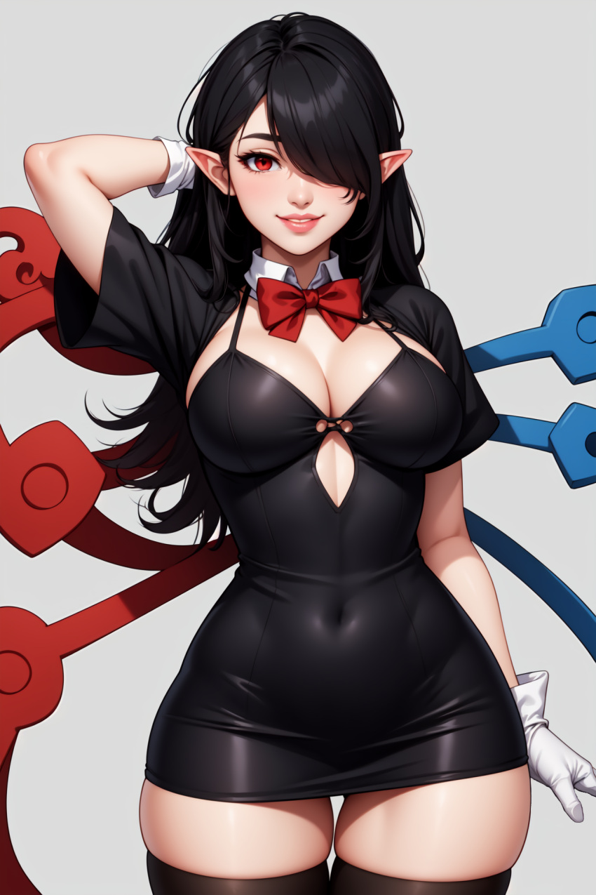 aged_up ai_generated arm_behind_head asymmetrical_wings black_dress black_hair black_thighhighs bow bowtie breasts cleavage covered_navel cowboy_shot dress female gloves grey_background hair_over_one_eye houjuu_nue large_breasts lips long_hair looking_at_viewer pointy_ears red_bow red_bowtie red_eyes red_wings self-upload short_dress simple_background smile solo solo_focus thighhighs touhou white_gloves wings wombat9043