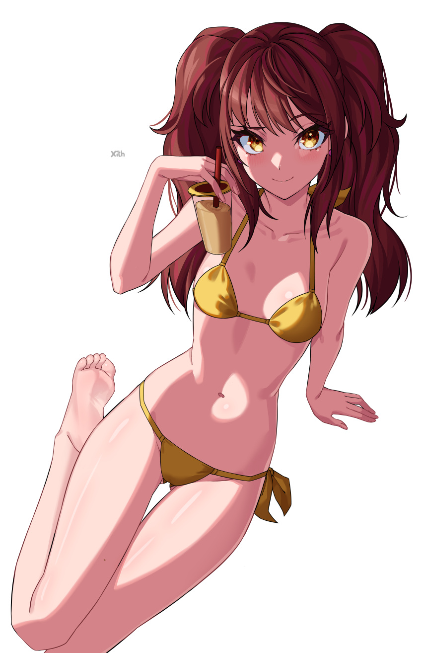 1girls absurdres barefoot bikini blush cup feet female highres kujikawa_rise long_hair looking_at_viewer persona persona_4 red_hair smile soles solo swimsuit toes twintails x_xith_x yellow_eyes