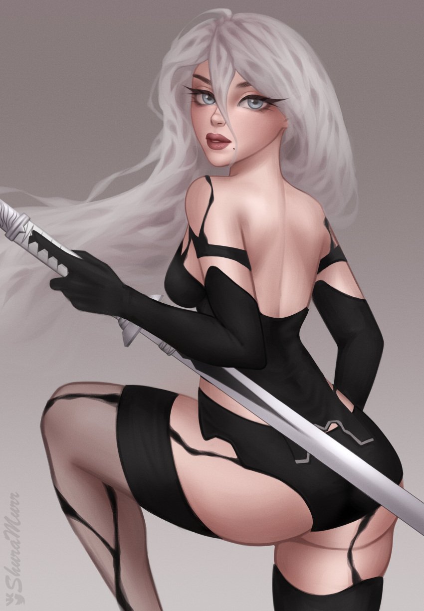 1girls 2023 absurd_res android ass female female_only grey_background katana long_hair looking_at_viewer mole mole_under_mouth nier:_automata shuramurr solo stockings sword white_eyes white_hair yorha_a2