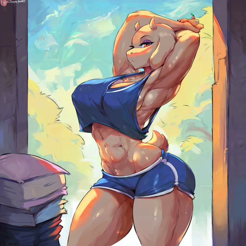 1girls abs ai_generated aiposter anthro armpits arms_up blue_shorts cutesexyrobutts_(style) deltarune female fur furry furry_breasts furry_ears furry_female furry_only furry_tail gym_clothes gym_shorts gym_uniform looking_at_viewer midriff muscular muscular_female shorts solo stretching toriel undertale undertale_(series)