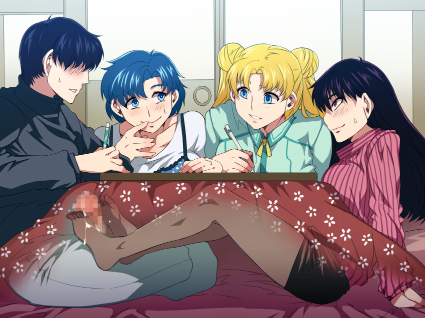 1boy 3girls ami_mizuno bishoujo_senshi_sailor_moon blush censored cheating clothing cum cum_on_feet faceless_male female footjob human kotatsu male mamoru_chiba mizuryuu_kei pantyhose rei_hino skirt straight studying under_the_table usagi_tsukino