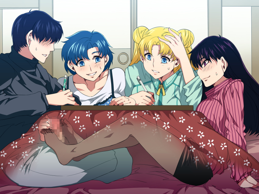 1boy 3girls ami_mizuno bishoujo_senshi_sailor_moon blonde_hair blue_eyes blue_hair censored cheating clothing female footjob handjob human kotatsu long_hair male mamoru_chiba mizuryuu_kei pantyhose penis purple_hair rei_hino short_hair skirt straight studying under_the_table usagi_tsukino