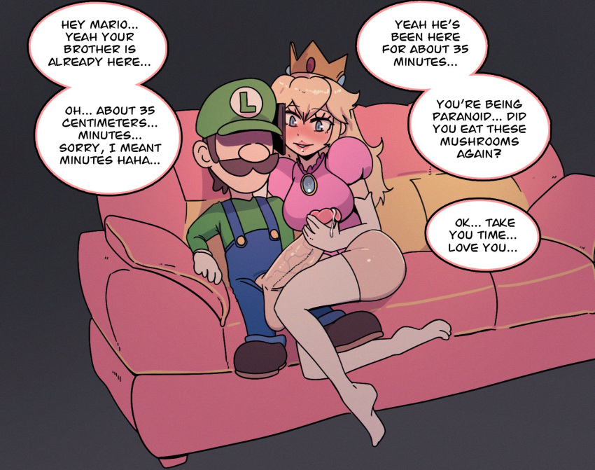 1boy 1girls balls big_penis blonde_hair blue_eyes blush cheating_girlfriend clothing couch crown cuckold dialogue english_text female grey_background hasselnut hi_res long_hair luigi male mario_(series) nintendo ntr obscured_eyes penis penis_grab penis_out precum princess_peach simple_background sitting sitting_on_sofa smile speech_bubble talking_on_phone text thighhighs veiny_penis white_thighhighs wolfgang_bang