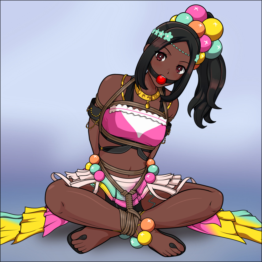 1girls accessory arms_behind_back ball_gag bare_legs bare_midriff bike_shorts black_hair blue_background bondage bound bound_legs breasts crossed_legs dark-skinned_female dark_skin female female_only femsub fire_emblem fire_emblem_engage gag hair_ornament high_ponytail jewelry just_some_guy legs looking_at_viewer medium_hair midriff necklace nintendo ponytail red_eyes restrained rope rope_bondage sandals shorts side_ponytail skirt small_breasts solo star star-shaped_pupils star_(symbol) story_at_source symbol-shaped_pupils timerra_(fire_emblem) very_dark_skin