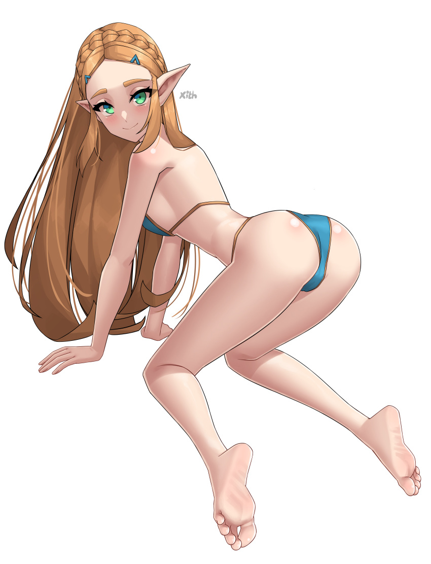 5_toes absurdres all_fours artist_name ass bare_legs barefoot bikini blonde_hair blue_bikini blush braid breasts breath_of_the_wild closed_mouth crown_braid feet female from_behind full_body greek_toe green_eyes hair_ornament hairclip highres long_hair looking_at_viewer looking_back nintendo paid_reward_available pointy_ears princess_zelda sidelocks simple_background small_breasts smile soles swimsuit the_legend_of_zelda the_legend_of_zelda:_breath_of_the_wild thighs toes white_background x_xith_x zelda_(breath_of_the_wild)