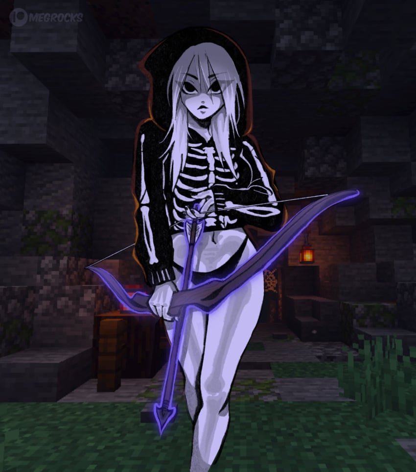 1female 1girls black_hat black_panties black_tongue bow female_only hat looking_at_viewer megrocks minecraft monster_girl no_pants pale-skinned_female pale_skin skeleton_(minecraft) tongue white_hair white_hair_female