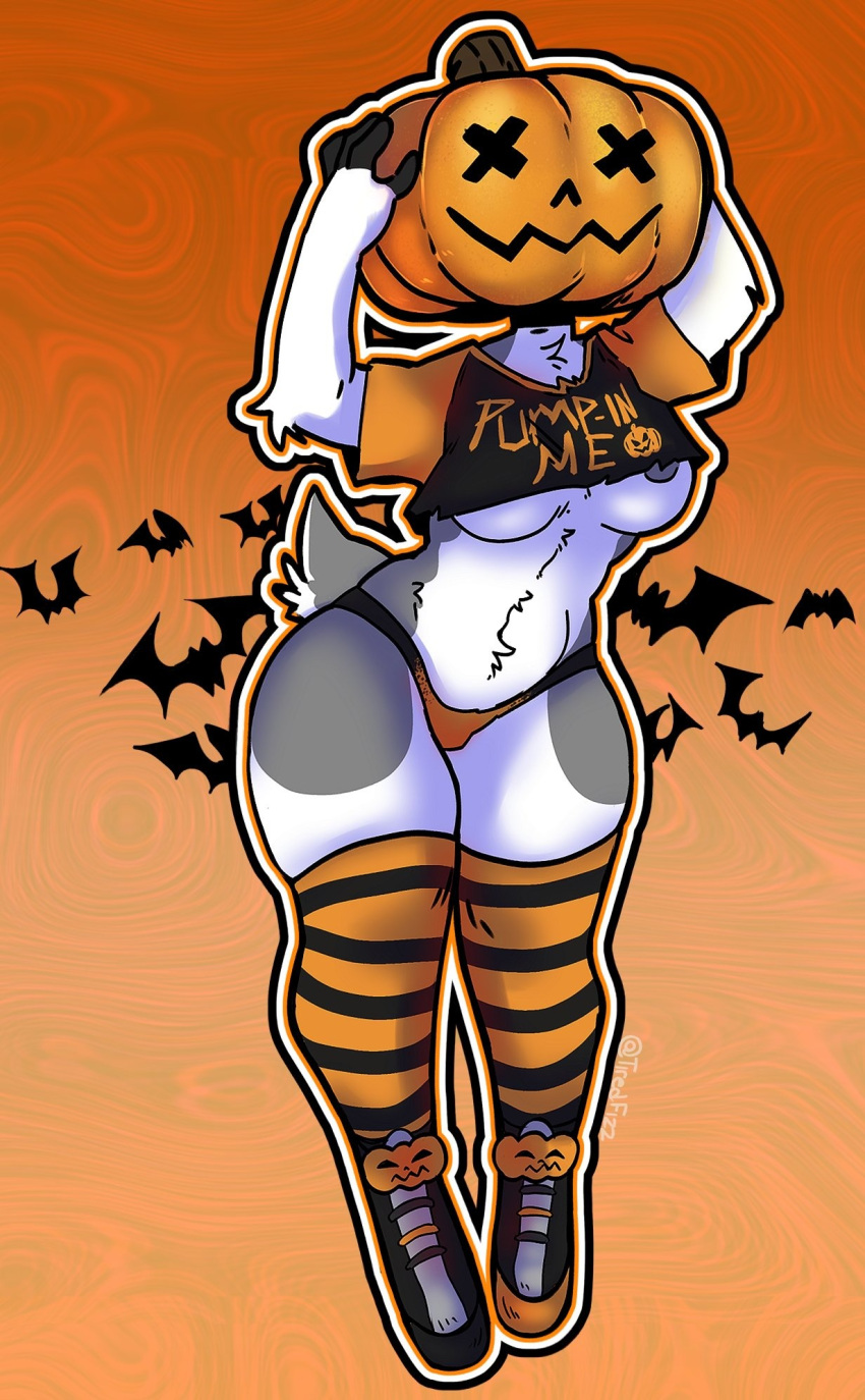 1girls 2022 bups_(character) caprine female female_focus female_only furry goat halloween hourglass_figure jack_o'_lantern nipple_slip original panties solo solo_female solo_focus tail tiredfizz underboob