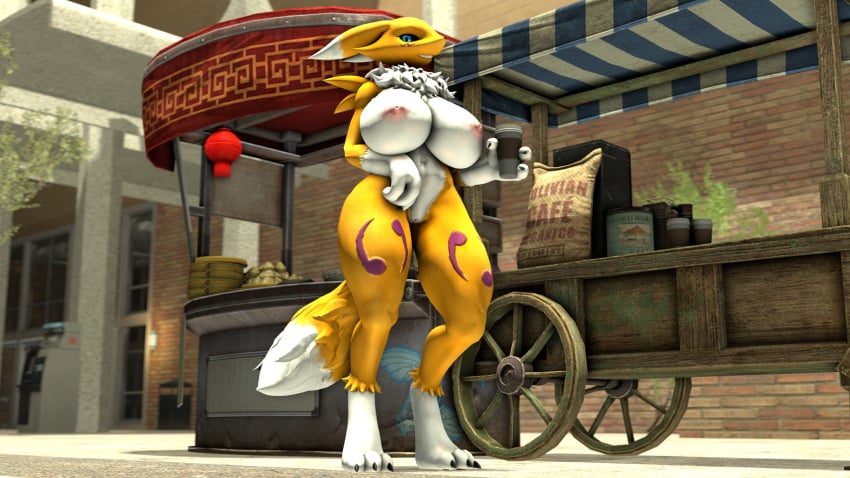 2023 3_toes 3d aceydrgn anthro areola bandai_namco beverage big_breasts bimbo black_sclera blue_eyes breasts claws coffee_cup container cup day digimon digimon_(species) digital_media_(artwork) digitigrade dipstick_ears dipstick_tail ear_markings feet female female_anthro fluffy fluffy_chest food_stand fur genitals gigantic_breasts gloves_(marking) hi_res holding_beverage holding_coffee_cup holding_container holding_cup holding_object huge_breasts large_breasts light looking_at_viewer markings multicolored_ears nipples nude nude_anthro nude_female outside public public_nudity pussy renamon smile smiling_at_viewer solo source_filmmaker_(artwork) standing sunlight tail tail_markings teeth toe_claws toes warfare_renamon white_body white_fur yellow_body yellow_fur