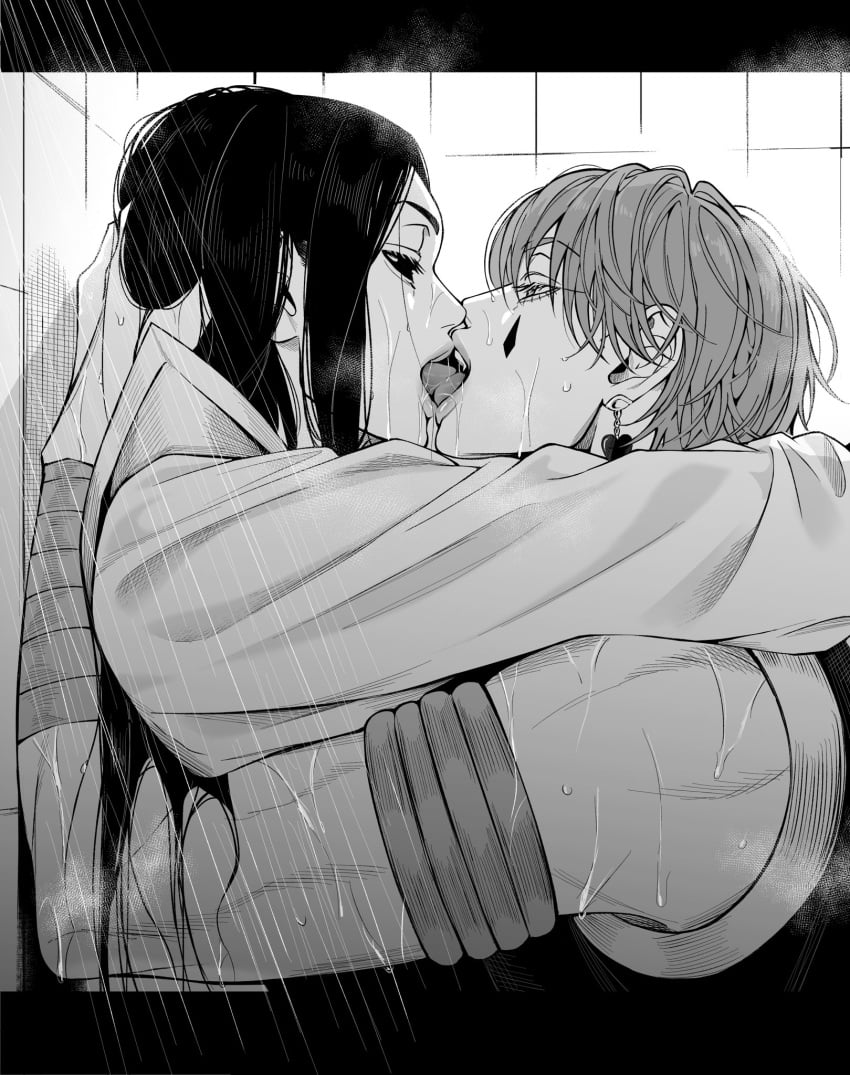 2boys arms_around_partner clothed clothed_male ear_piercing french_kiss hand_on_head hisoka_morow hunter_x_hunter illumi_zoldyck kissing long_hair male/male male_only shower showering_while_clothed tongue_kiss tongue_out yaoi yuppenta