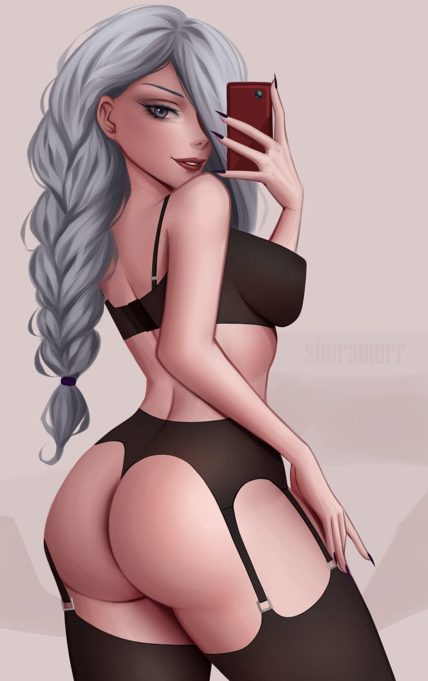 1girls 2024 absurd_res ass braid female female_only garter_straps hair_over_one_eye jujutsu_kaisen lingerie long_hair looking_at_viewer mei_mei_(jujutsu_kaisen) phone red_lipstick selfie shuramurr smiling smiling_at_viewer solo stockings white_hair