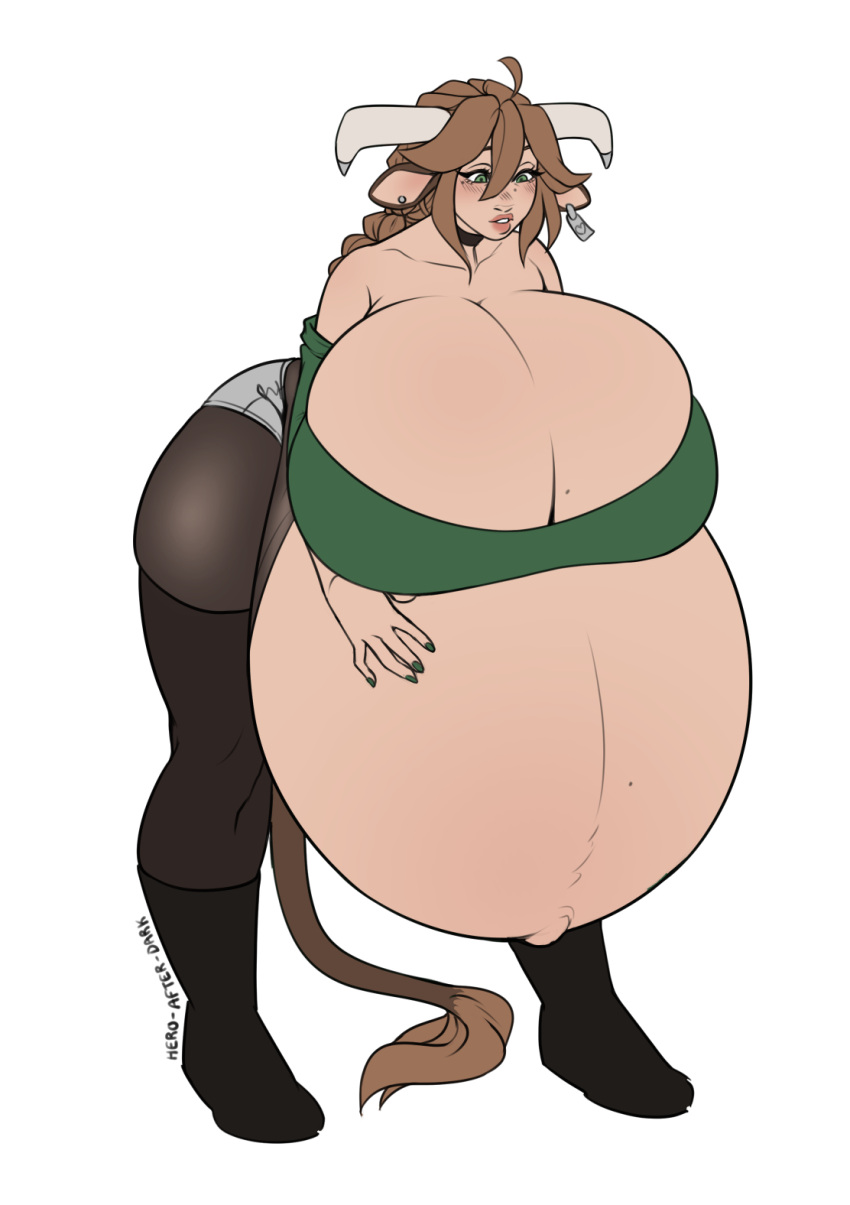 cow_girl cow_horns female hanging_breasts heavy_breasts hero-after-dark hyper hyper_belly hyper_breasts large_breasts oc pregnant