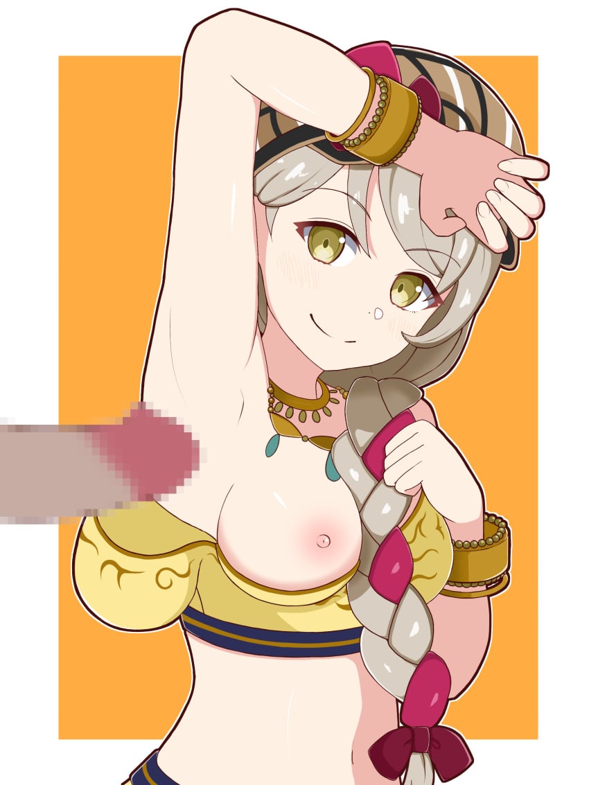 1boy 1girls absurdres alternate_costume amagumo1023 armpit_fetish armpit_sex armpits bare_arms bare_midriff blonde_hair braid braided_ponytail breasts breasts_out censored commission dark-skinned_male dark_skin female female_focus fire_emblem fire_emblem_engage framme_(fire_emblem) grey_hair hair_over_shoulder hat highres long_hair male medium_breasts midriff mosaic_censoring multicolored_hair nintendo nipples one_breast_out orange_eyes penis pink_hair plaid_headwear ponytail side_ponytail skeb_commission smile solo_focus split-color_hair upper_body yellow_eyes