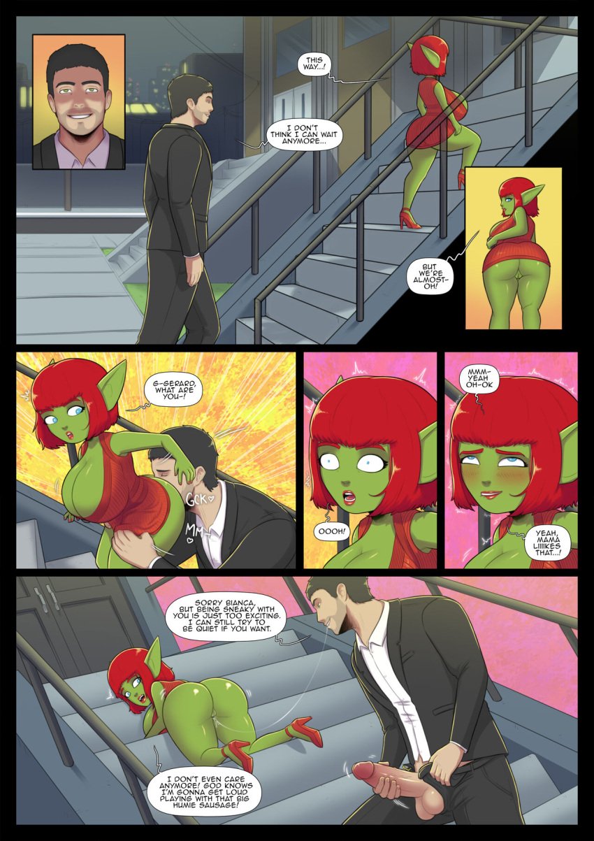 1boy 1girls background blackhornet comic comic_page date digital_art digital_drawing_(artwork) digital_media digital_media_(artwork) digital_painting_(artwork) dirty_talk female goblin goblin_female hi_res highres human interspecies male shortstack size_difference text text_bubble