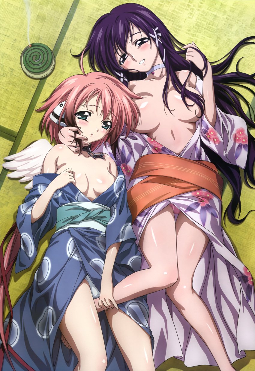 2girls absurdres ahoge bare_shoulders barefoot blush body_blush breasts cleavage feet hand_on_another's_cheek hand_on_another's_face highres ikaros japanese_clothes kadokawa_shoten kimono lying mosquito_coil multiple_girls no_bra nyantype official_art on_back open_clothes open_shirt panties satsukitane_mikako shirt sora_no_otoshimono tatami underwear watanabe_yoshihiro wings yukata