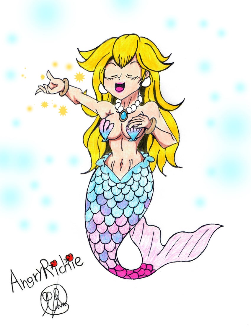 1girls 2020s 2024 5_fingers angryrichie blonde_hair bracelet clitoris crotch exposed_pussy female female_focus female_only glitter hair hand_on_breast hi_res jewelry mario_(series) mermaid mermaid_peach mouth necklace nintendo open_mouth pearl_necklace pencil_(artwork) pink_tail pink_tail_tip princess_peach princess_peach:_showtime! pussy seashell seashell_bra signature smile solo sparkles tail tongue underwater