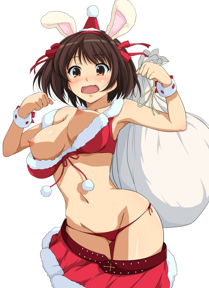 absurdres accidental_exposure alternate_costume animal_ears armpits bare_shoulders belt blush bouncing_breasts breasts breasts_out brown_eyes brown_hair clothes_pull embarrassed female fur_trim gluteal_fold hair_ribbon hairband haruhisky hat highres looking_at_viewer medium_breasts miniskirt navel nipples panties pants_falling party_hat pom_pom_(clothes) rabbit_ears red_headwear red_panties red_ribbon red_skirt ribbon santa_costume short_hair simple_background skirt skirt_pull slutty_santa solo stomach suzumiya_haruhi suzumiya_haruhi_no_yuuutsu sweatband sweatdrop thigh_gap thighs unaligned_breasts underwear wardrobe_malfunction white_background