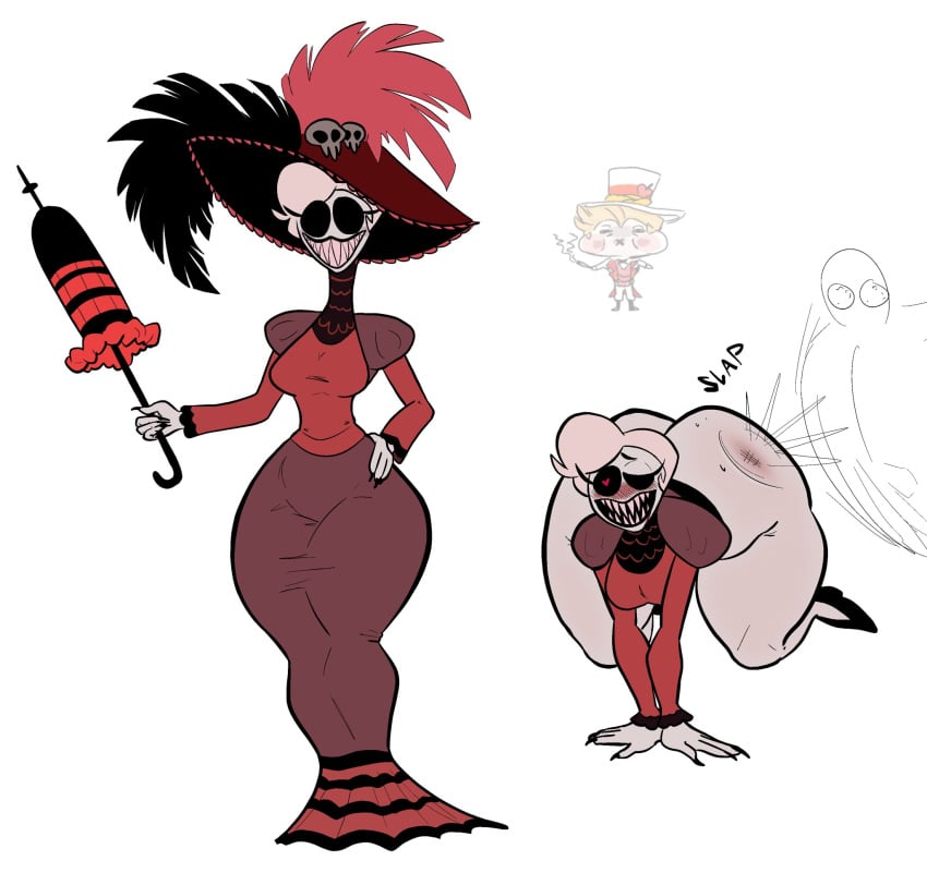 1boy 1girls ass_shake ass_slap big_ass big_butt bottom_heavy breasts bubble_ass bubble_butt demon devil dress fat_ass fat_butt female hazbin_hotel huge_ass huge_butt large_ass large_butt looking_at_viewer lucifer lucifer_morningstar_(hazbin_hotel) mess_esque monster_girl rosie_(hazbin_hotel) sharp_teeth smile thick_ass thick_thighs umbrella white_hair wide_hips