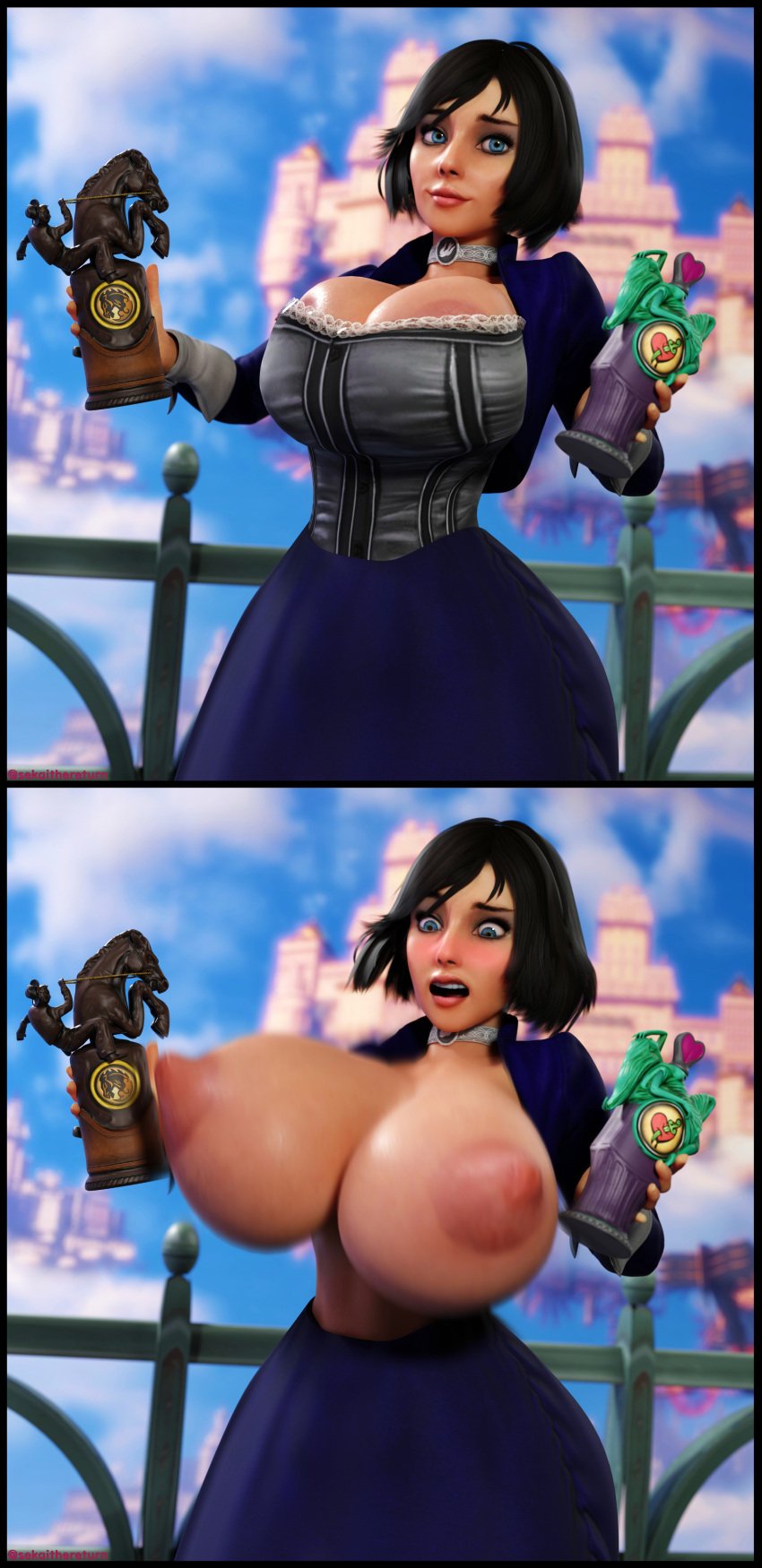 3d areola_slip areolae big_breasts bioshock bioshock_infinite blue_eyes bolero breasts breasts_out brown_hair bursting_breasts busty choker cleavage comic corset elizabeth_comstock embarrassed female female_focus female_only hourglass_figure large_breasts nipples overflowing_breasts sekaithereturn short_hair skirt standing wardrobe_malfunction wide_hips