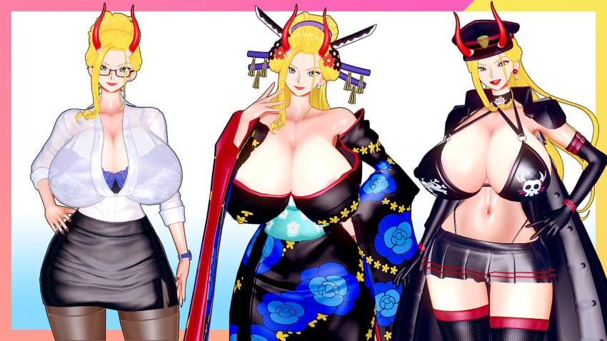 apuri beast_pirates black_maria blonde_hair blue_eyes breasts cigarette cigarette_holder cleavage female female_only geisha gigantic_breasts glasses horned_female horns huge_breasts kimono miniskirt nipple_bulge nipples oiran one_piece skirt stockings wano_country