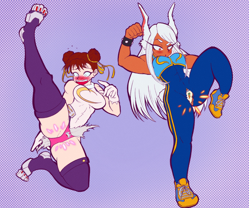 2girls blush boku_no_hero_academia chun-li crossover embarrassed euf female female_only human mirko miruko multiple_girls my_hero_academia outfit_swap print_panties ripped_clothing rnp rumi_usagiyama street_fighter street_fighter_alpha wardrobe_malfunction