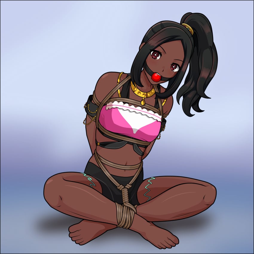 1girls accessory arms_behind_back ball_gag bare_legs bare_midriff barefoot bike_shorts black_hair blue_background bondage bound bound_legs breasts crossed_legs dark-skinned_female dark_skin female female_only femsub fire_emblem fire_emblem_engage gag high_ponytail jewelry just_some_guy legs looking_at_viewer medium_hair midriff necklace nintendo ponytail red_eyes restrained rope rope_bondage shorts side_ponytail small_breasts solo star star-shaped_pupils star_(symbol) symbol-shaped_pupils timerra_(fire_emblem) very_dark_skin