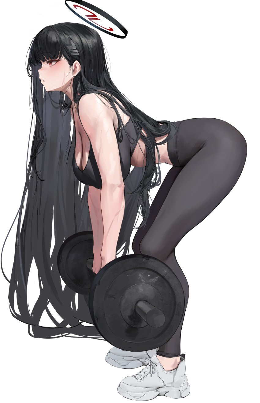 1girl 1girls black_and_red_halo black_hair blue_archive breasts curvy female hikinito_(leviathan) hips huge_breasts lifting_weights light-skinned_female light_skin long_hair millennium_science_school_student red_eyes rio_(blue_archive) seminar_(blue_archive) seminar_president sports_bra sportswear student_council_president thick_thighs thighs tight_clothing wide_hips working_out yoga_pants