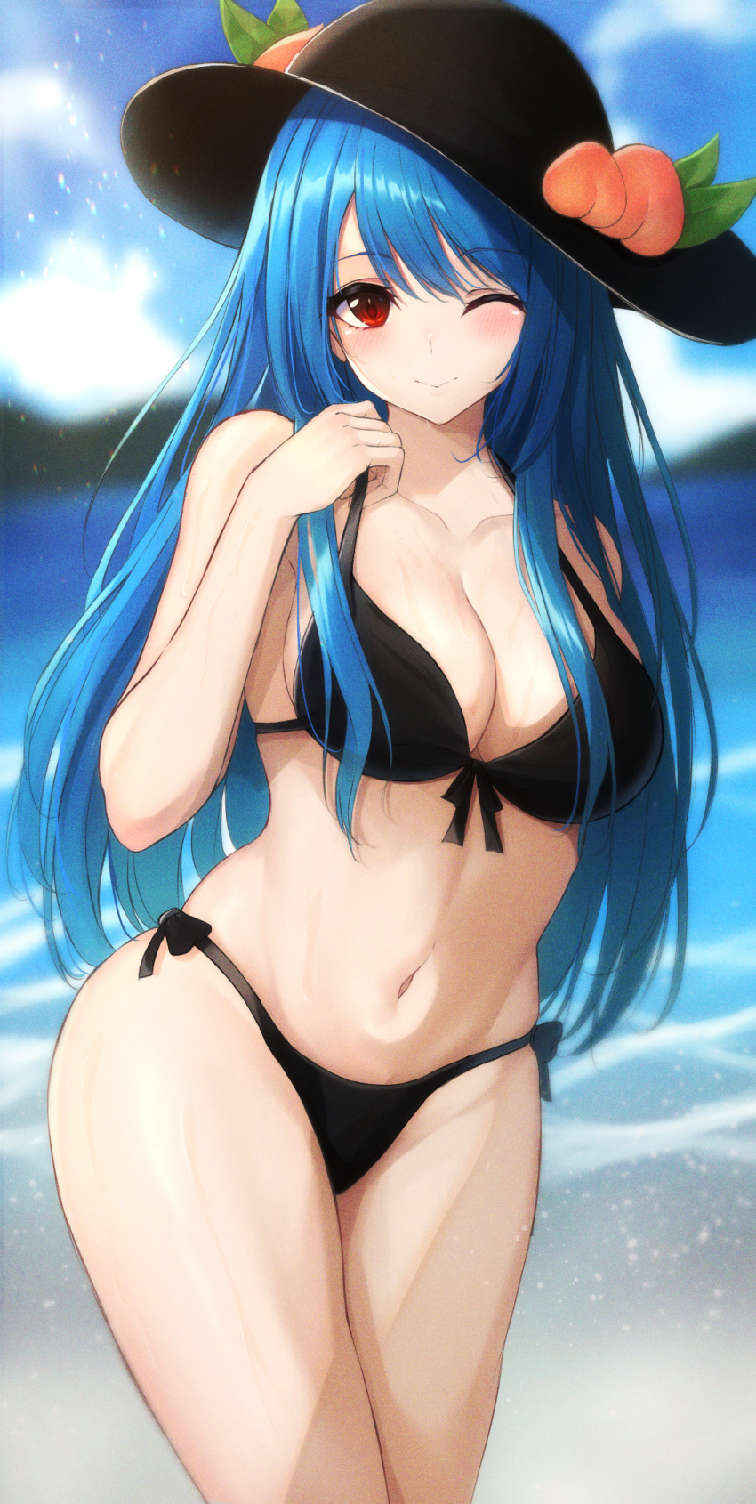 7saki ;) aged_up bad_id bad_pixiv_id beach bikini black_bikini black_headwear blue_hair blush breasts collarbone commentary_request female food fruit hat highres hinanawi_tenshi long_hair looking_at_viewer medium_breasts navel one_eye_closed outdoors peach_(fruit) red_eyes side-tie_bikini_bottom smile solo standing swimsuit tenshi_hinanawi thighs touhou